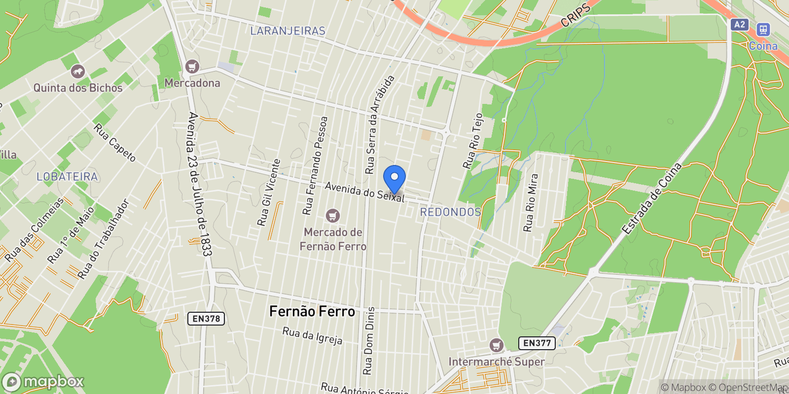 Map showing Fernão Ferro, Seixal, Setúbal, Seixal, Fernao Ferro, Setubal, Portugal.