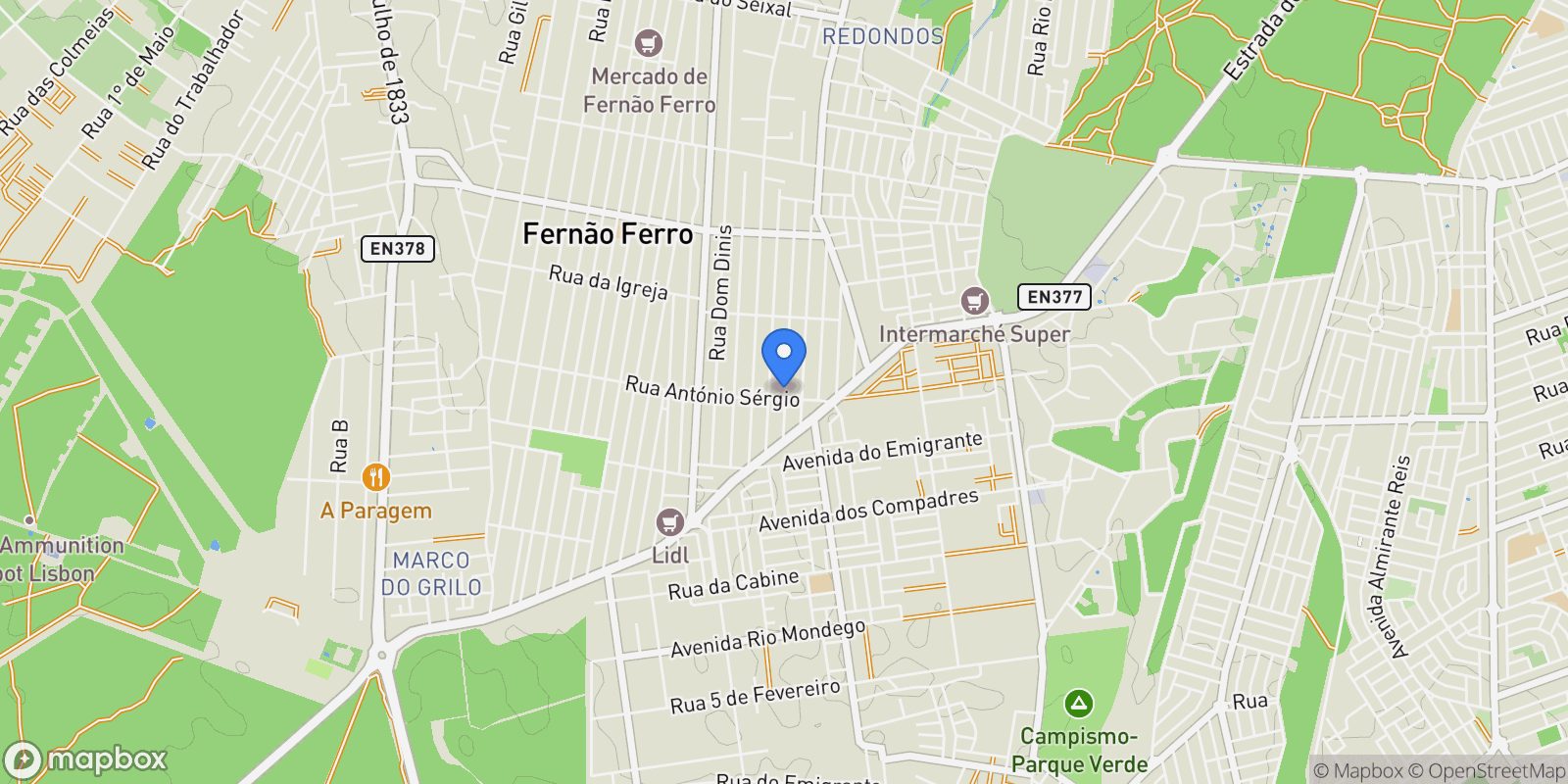 Map showing Fernão Ferro, Seixal, Setúbal, Seixal, Fernao Ferro, Setubal, Portugal.