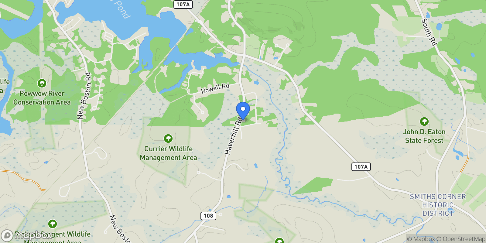 Map showing 1 Bowley Road, East Kingston, NH 03827, East Kingston, New Hampshire, United States.