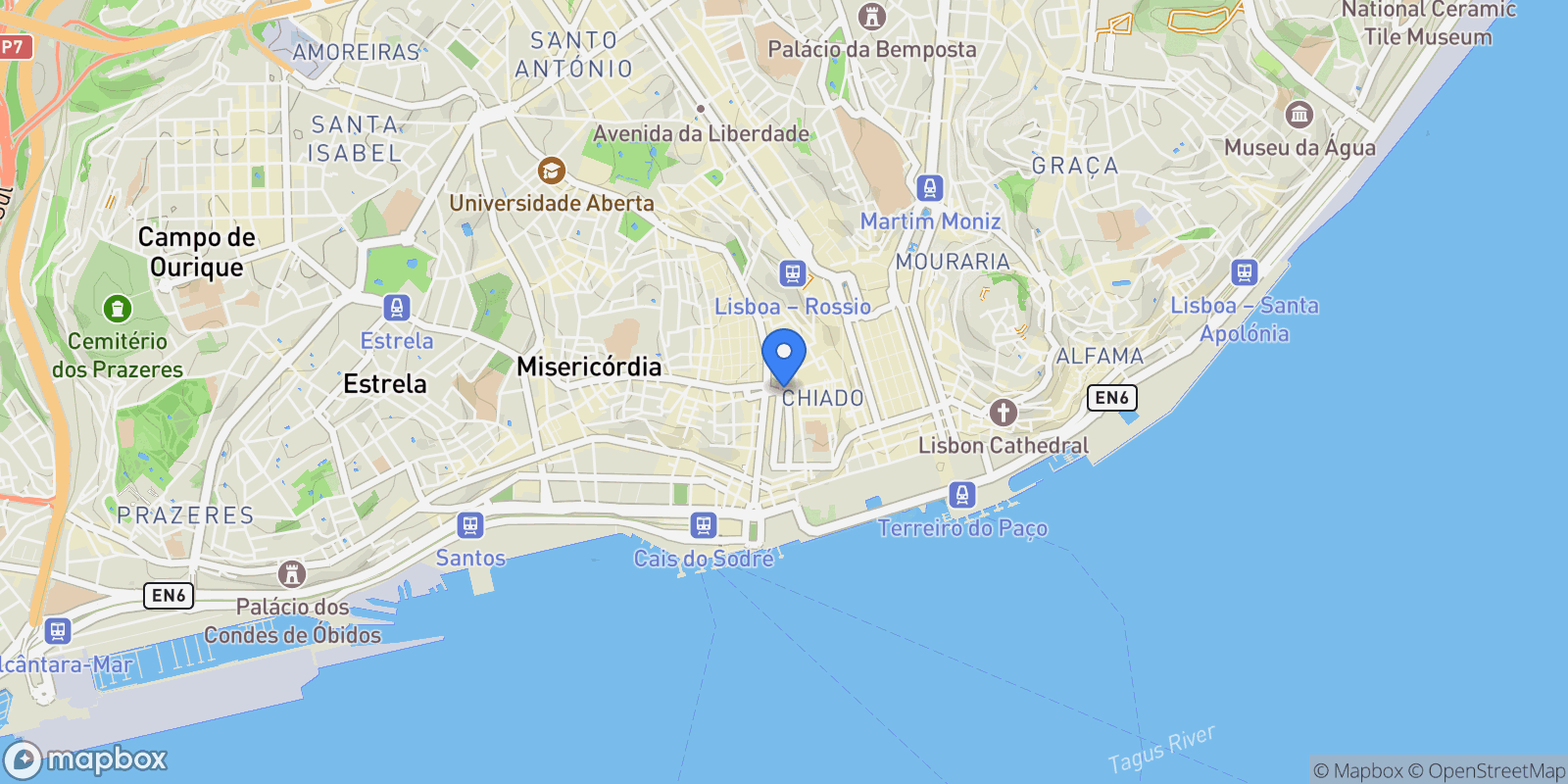 Map showing Chiado, 1200-445 Lisboa, Portugal, Santa Maria Maior, Lisbon, Portugal.