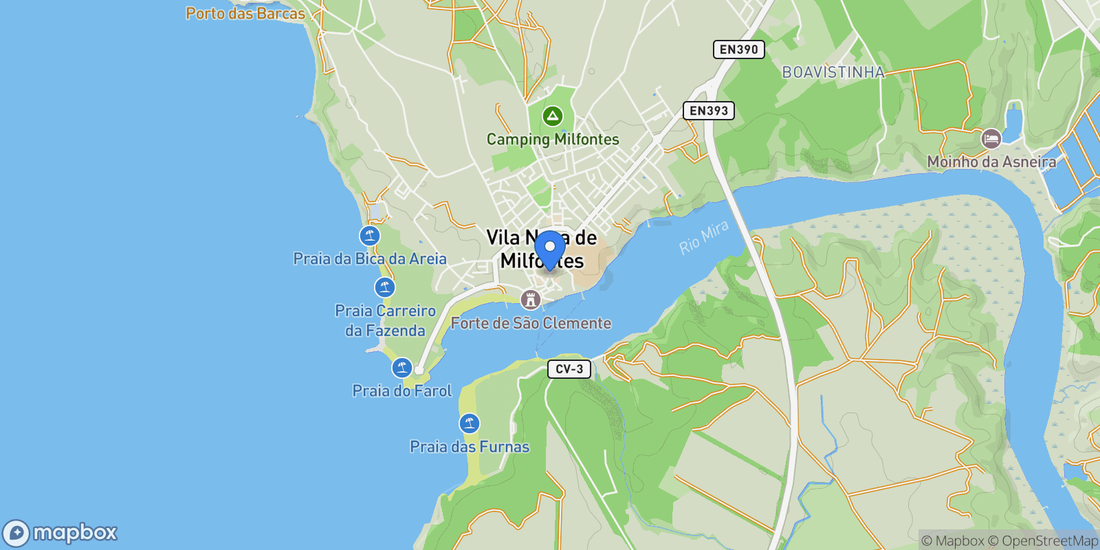 Map showing 7645 Vila Nova de Milfontes, Portugal, Vila Nova de Milfontes, Beja District, Portugal.