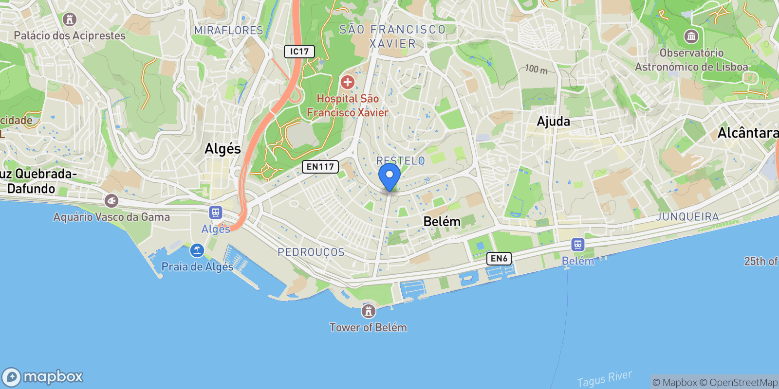 Map showing Restelo, Porto Brandão, 1400 Lisbon, Portugal, Belem, Lisbon, Portugal.