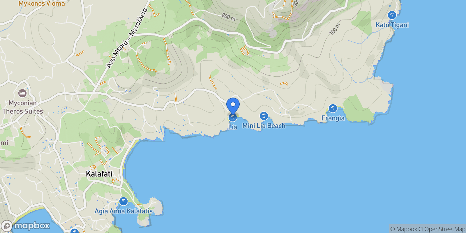 Map showing Lia Beach, Mikonos 846 00, Greece, Ano Mera Community, Aegean, Greece.
