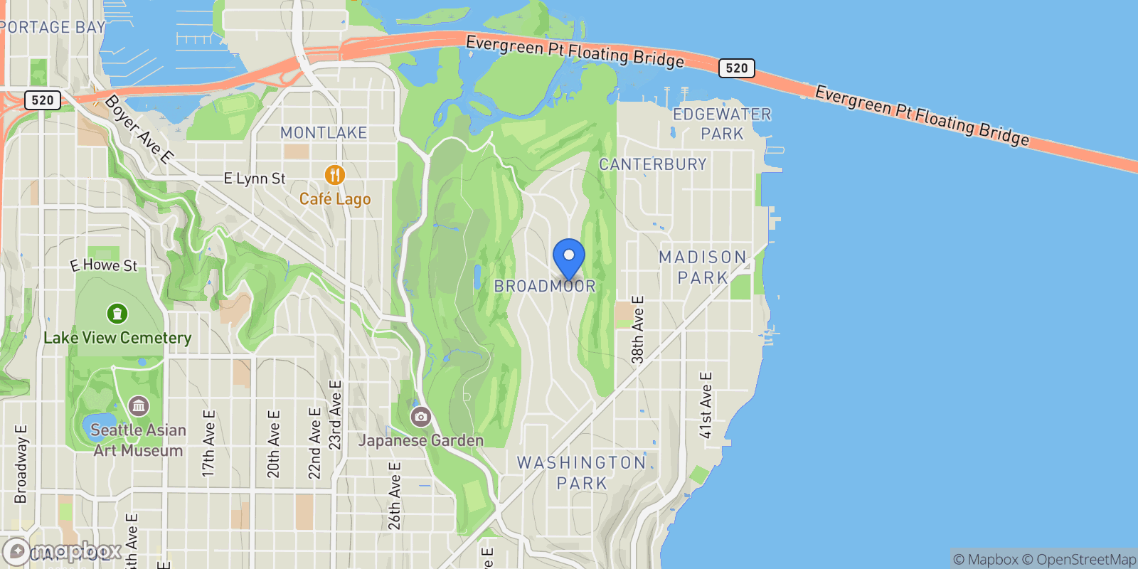 Map showing 2001 Broadmoor Dr E , Seattle, WA 98112, Seattle, Washington, United States.