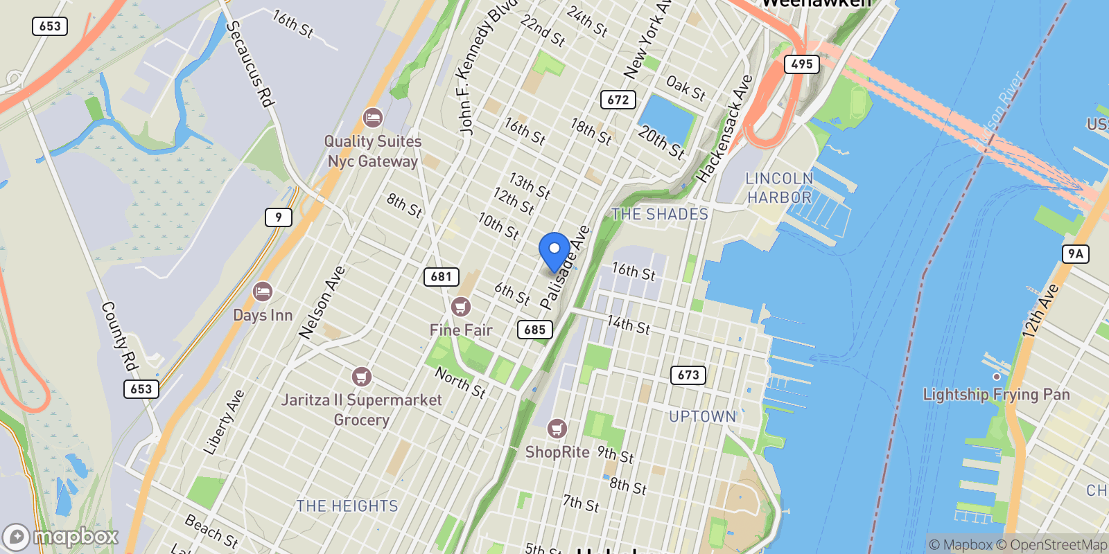 Map showing PALISADE AVE, Union City, New Jersey, United States.
