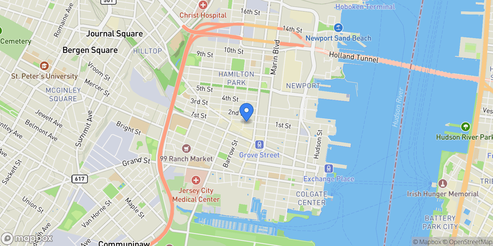 Map showing 1ST ST, Jersey City, New Jersey, United States.