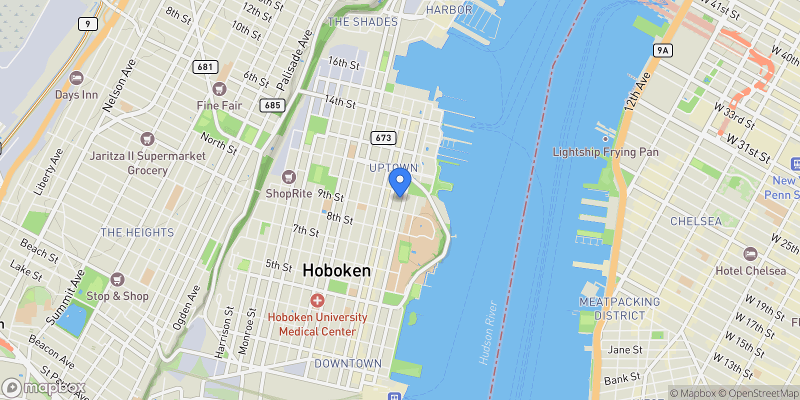 Map showing HUDSON ST, Hoboken, New Jersey, United States.