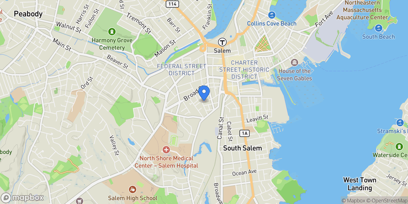 Map showing 57 Endicott St 2, Salem, MA 01970, Salem, Massachusetts, United States.