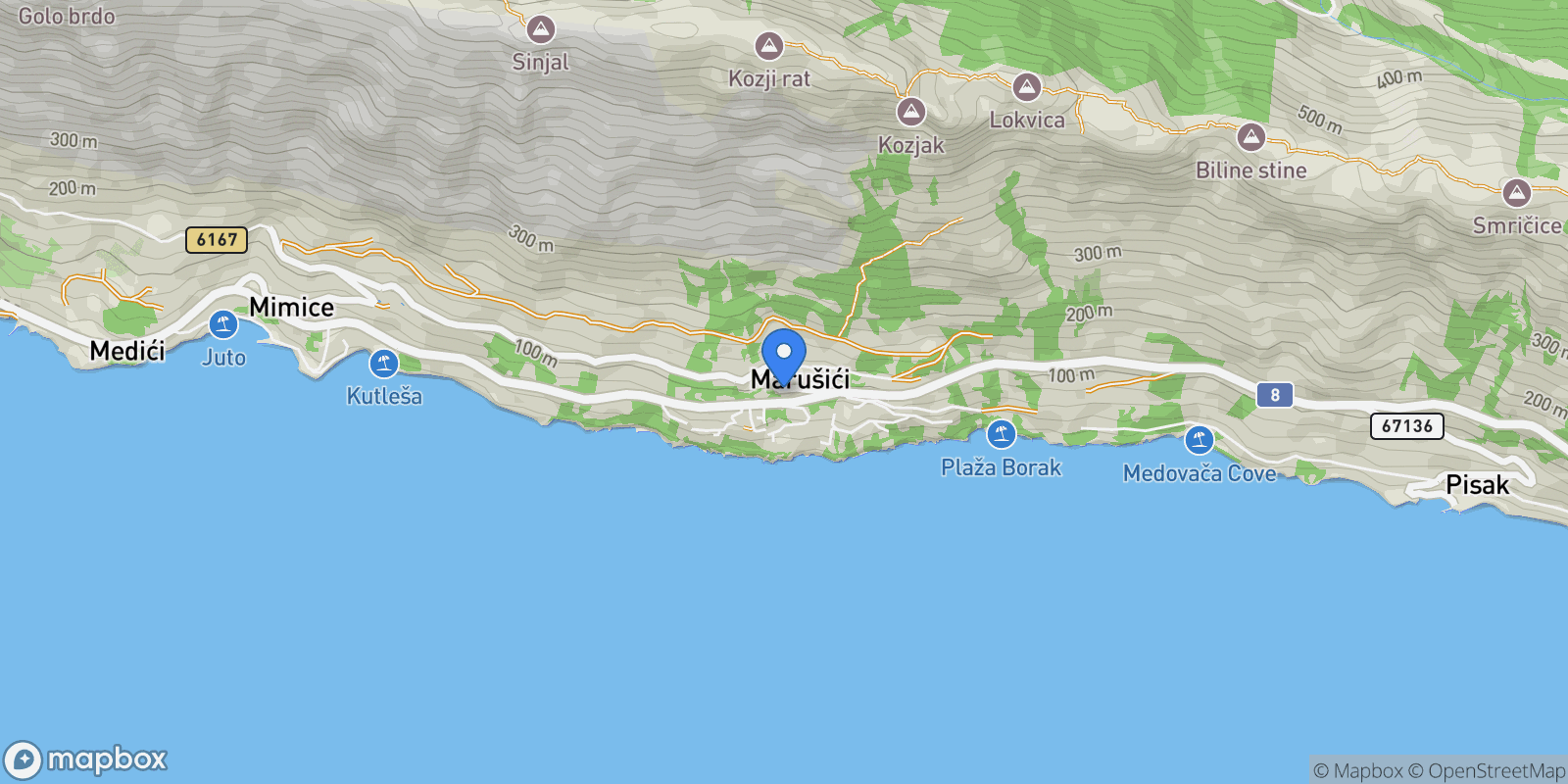 Map showing 21318, Marušići, Croatia, Maruncici, Split-Dalmatia County, Croatia.