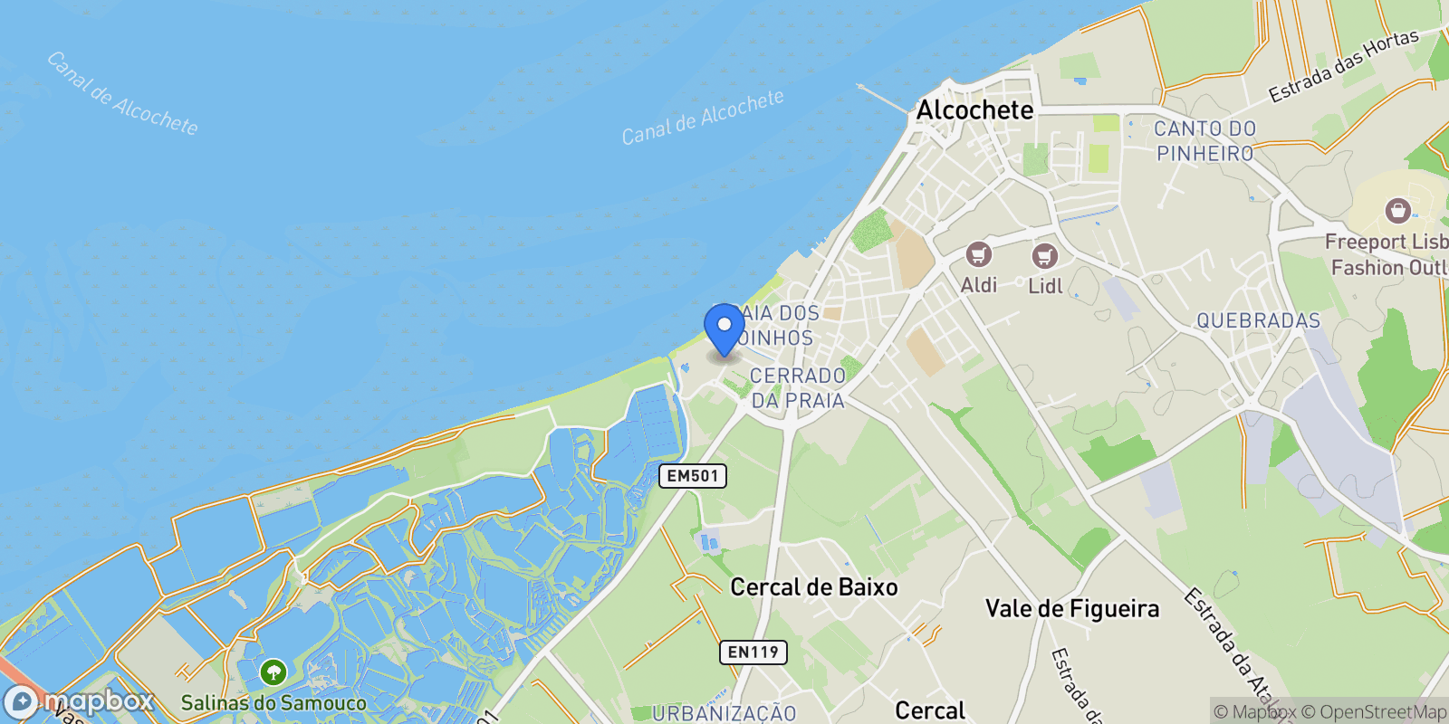 Map showing Passeio das Caravelas 88, 2890-166 Alcochete, Portugal, Alcochete, Setubal, Portugal.