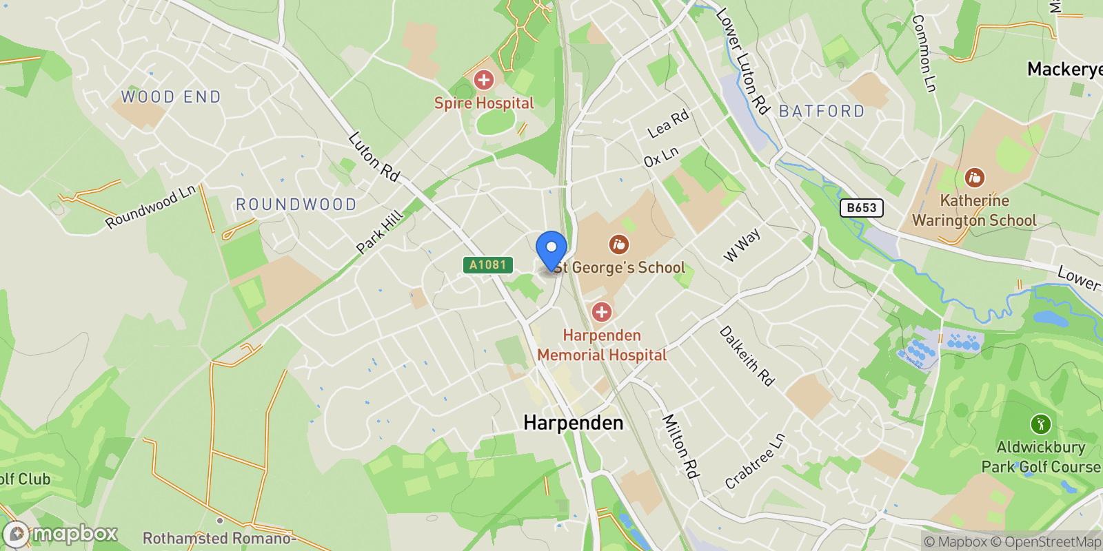 Map showing Hitherfield Lane, Harpenden, Hertfordshire, Harpenden, England, United Kingdom.