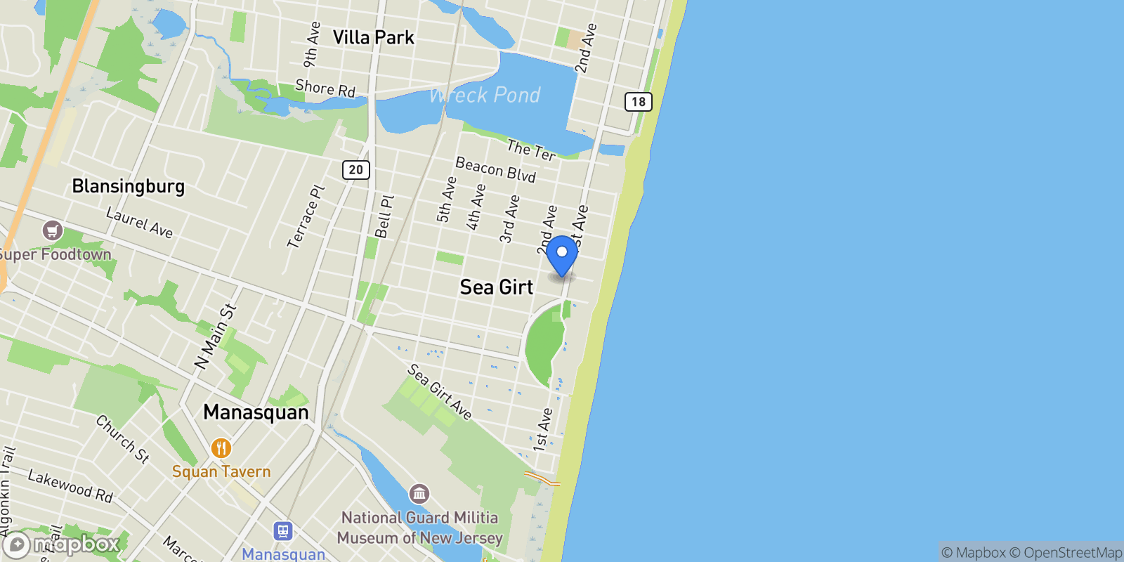 Map showing 102 Baltimore Boulevard, Sea Girt, NJ 08750, Sea Girt, New Jersey, United States.