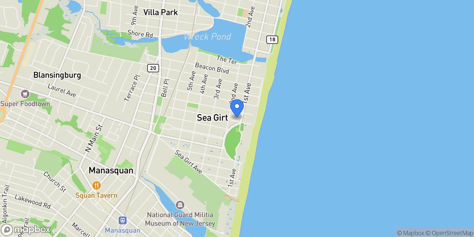 Map showing 105 Philadelphia Boulevard, Sea Girt, NJ 08750, Sea Girt, New Jersey, United States.
