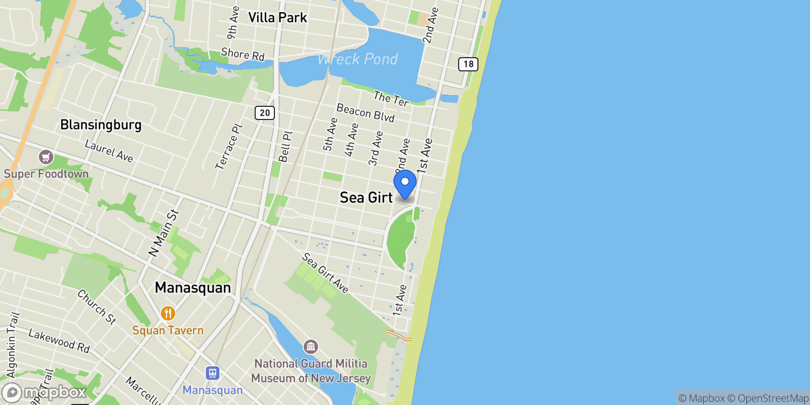 Map showing 107 Philadelphia Boulevard, Sea Grt, NJ 08750, Sea Girt, New Jersey, United States.
