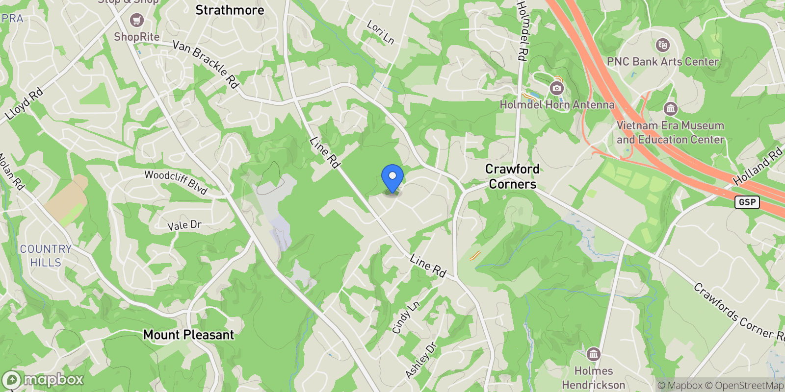Map showing 15 Goldsmith Drive, Holmdel, NJ 07753, Holmdel, New Jersey, United States.