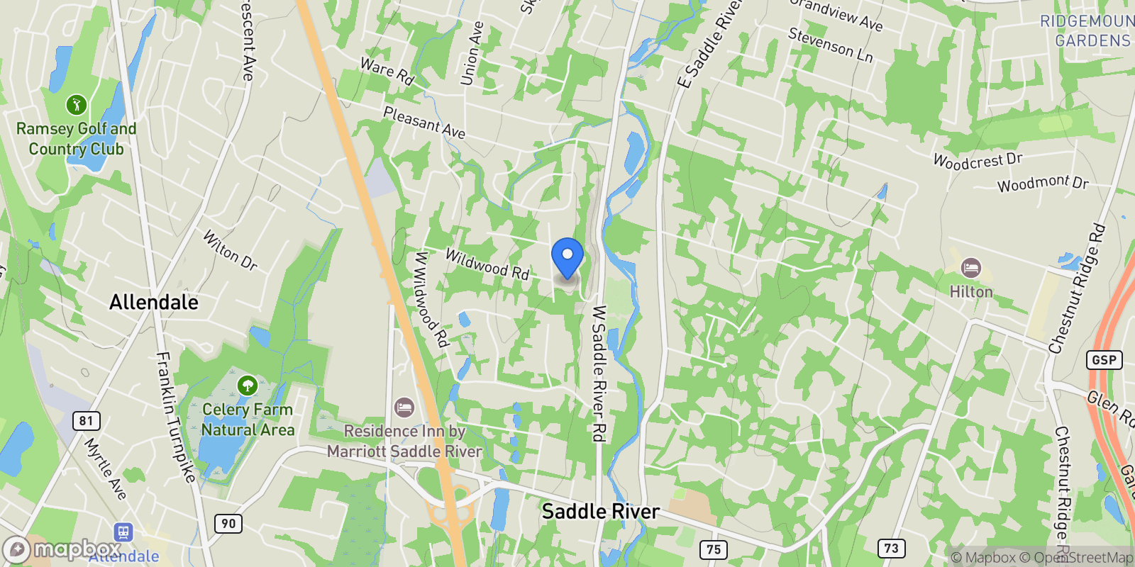 Map showing 64 Stony Ridge Road, Saddle River, NJ 07458, Saddle River, New Jersey, United States.