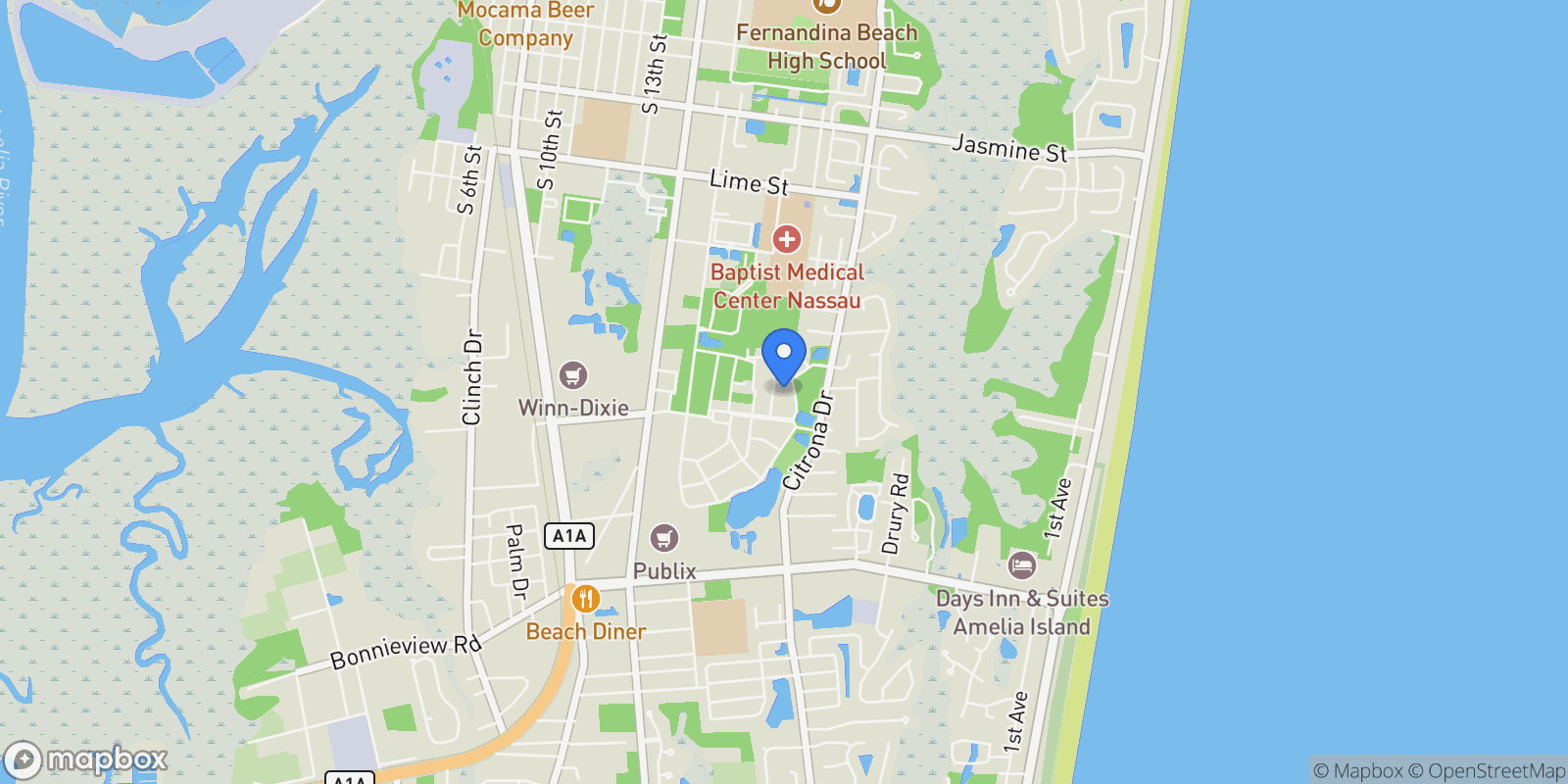 Map showing 1875 HOWARD Lane, Fernandina Beach, Florida, United States.