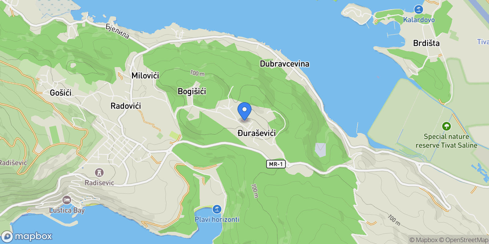 Map showing Đuraševići, Montenegro, Đuraševići, Tivat Municipality, Montenegro.