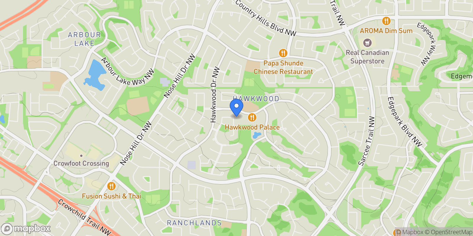 Map showing 75 Hawkside Close NW, Calgary, AB T3G 3K6, Calgary, Alberta, Canada.