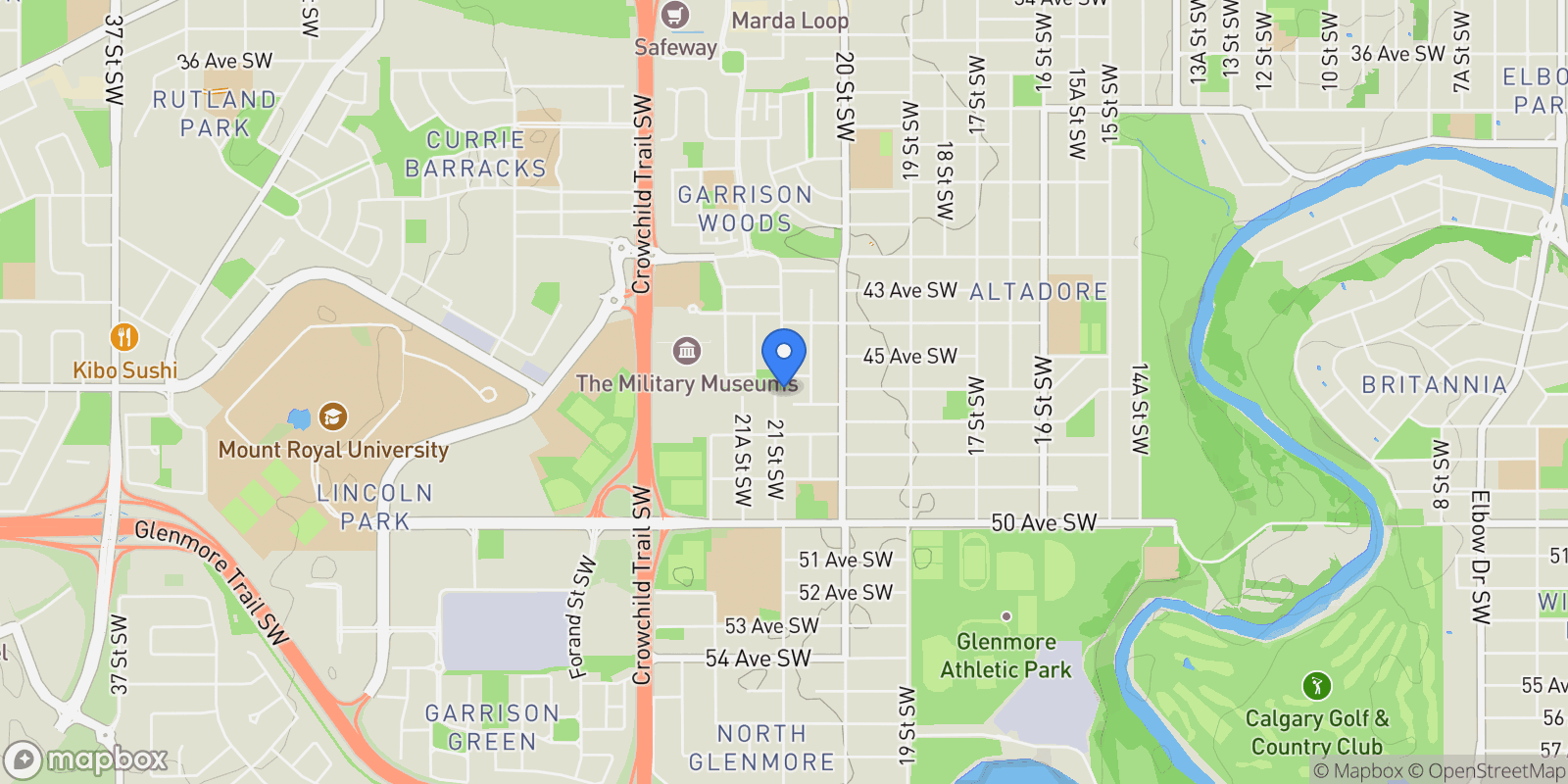 Map showing 4702 21 Street SW, Calgary, AB T2T 5T4, Calgary, Alberta, Canada.