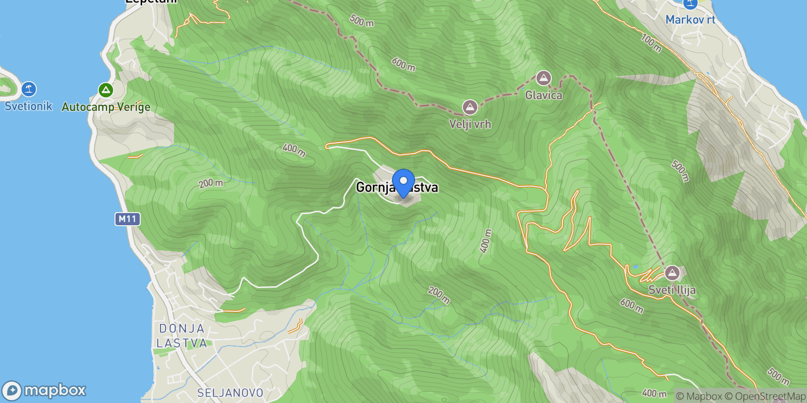 Map showing Gornja Lastva, Montenegro, Gornja Lastva, Kotor Municipality, Montenegro.