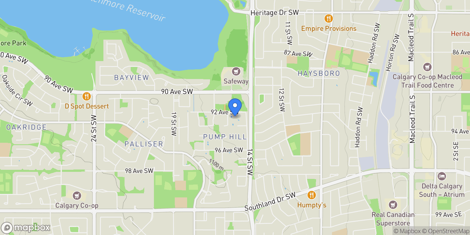 Map showing 1521 92 Avenue SW, Calgary, AB T2V 5C9, Calgary, Alberta, Canada.