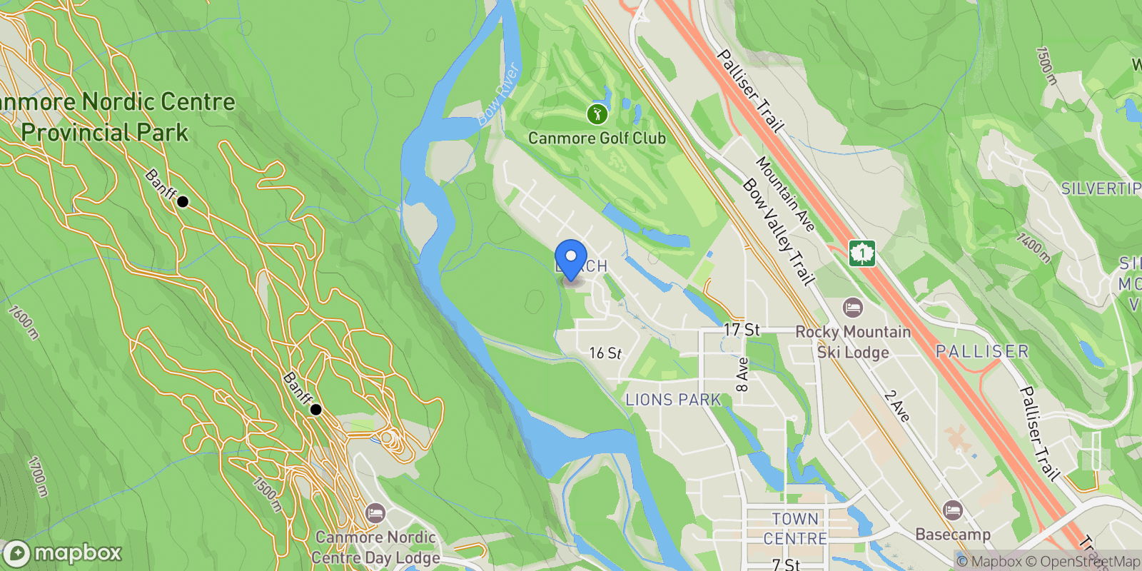 Map showing 5 Woodside Lane, Canmore, AB T1W 1T1, Canmore, Alberta, Canada.