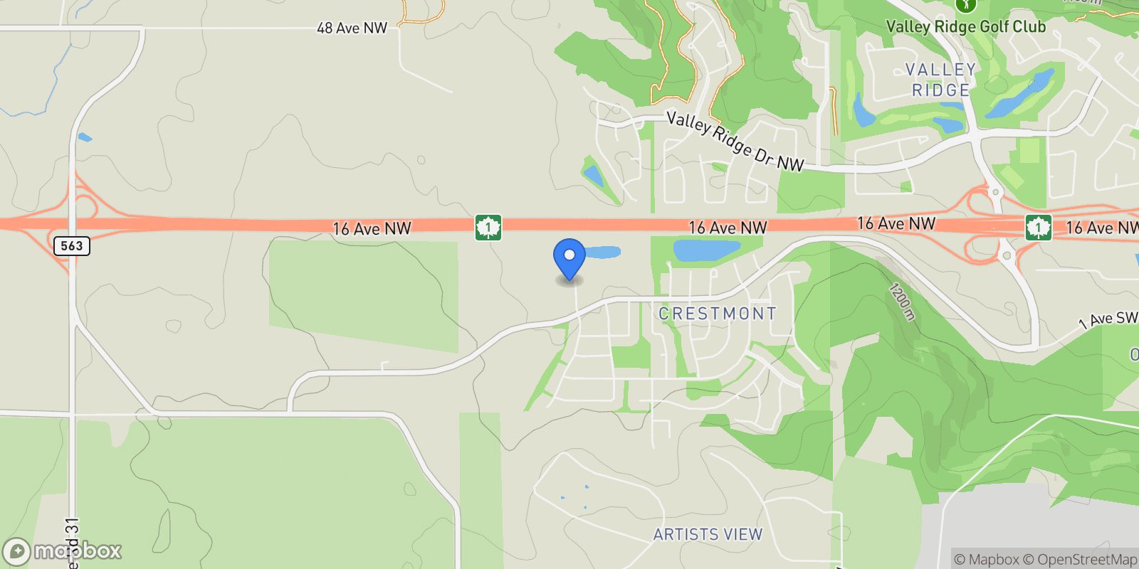 Map showing 57 Crestridge Bay SW, Calgary, AB T3B 6H2, Calgary, Alberta, Canada.