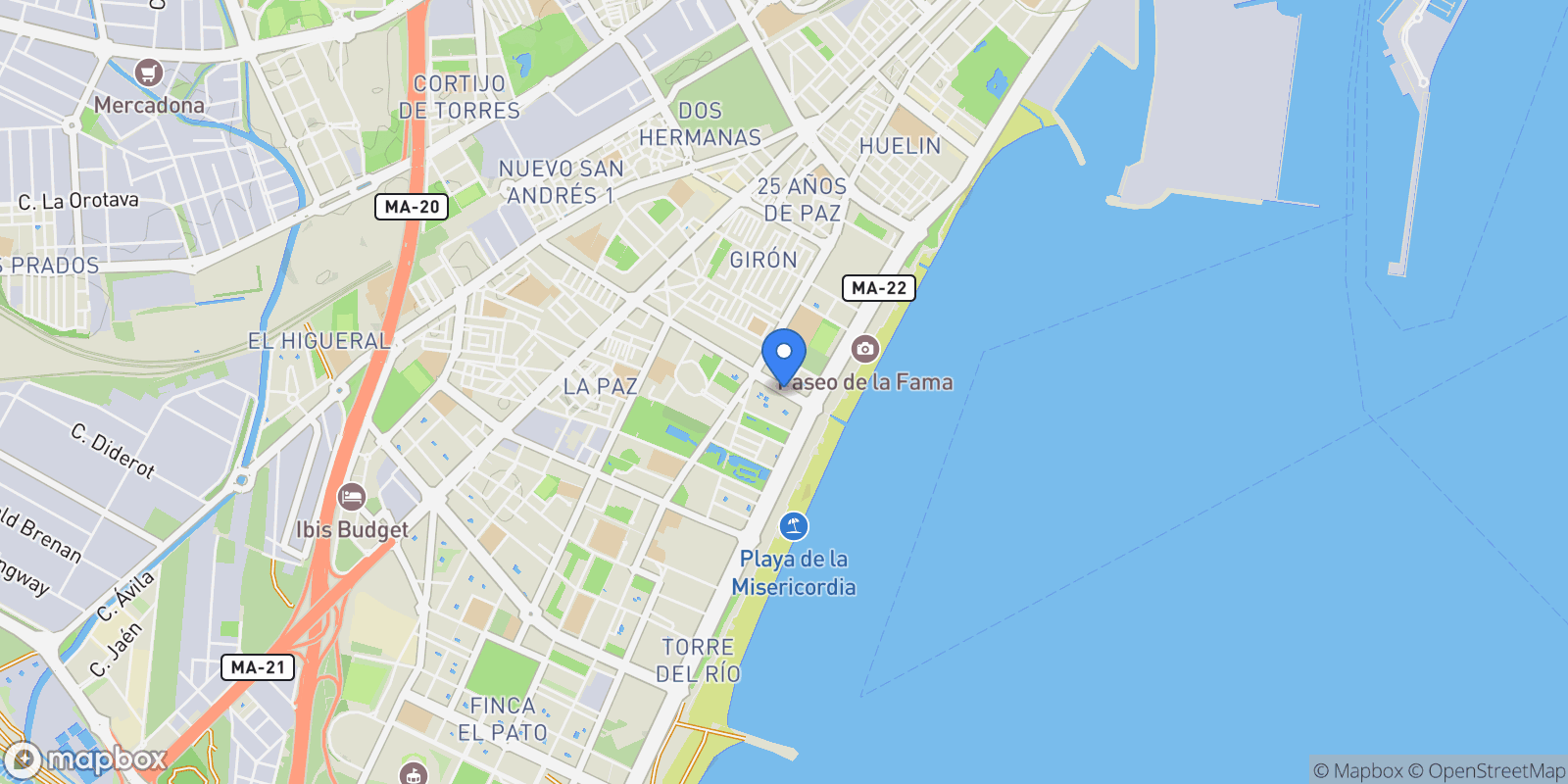 Map showing Carretera Carril de la Chupa, Málaga, Spain, Carretera de Cadiz, Malaga, Spain.