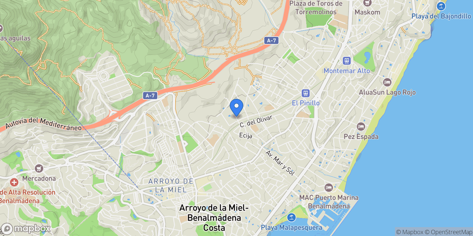 Map showing Calle Lora del Río, Torremolinos, Spain, Arroyo de la Miel, Benalmadena, Andalusia.
