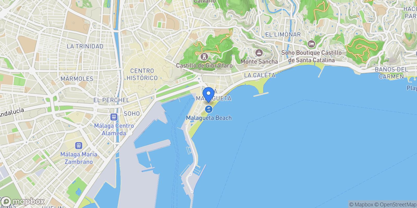 Map showing Paseo Marítimo Ciudad de Melilla, Málaga, Spain, Playa De La Malagueta, Centro, Malaga.