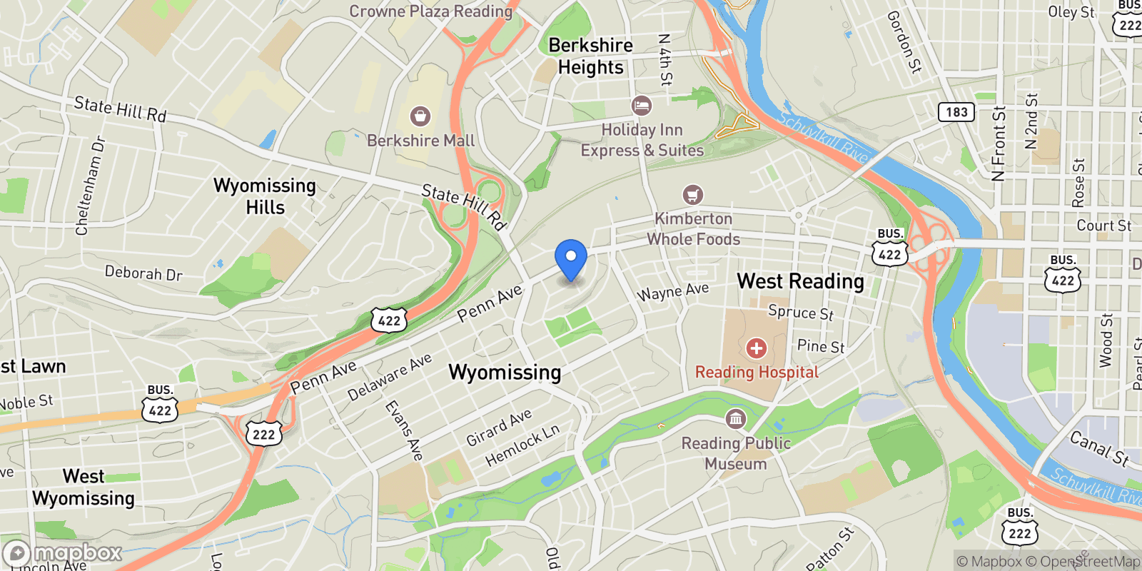 Map showing 1116 Belmont Ave, Wyomissing, PA 19610, West Wyomissing, Pennsylvania, United States.
