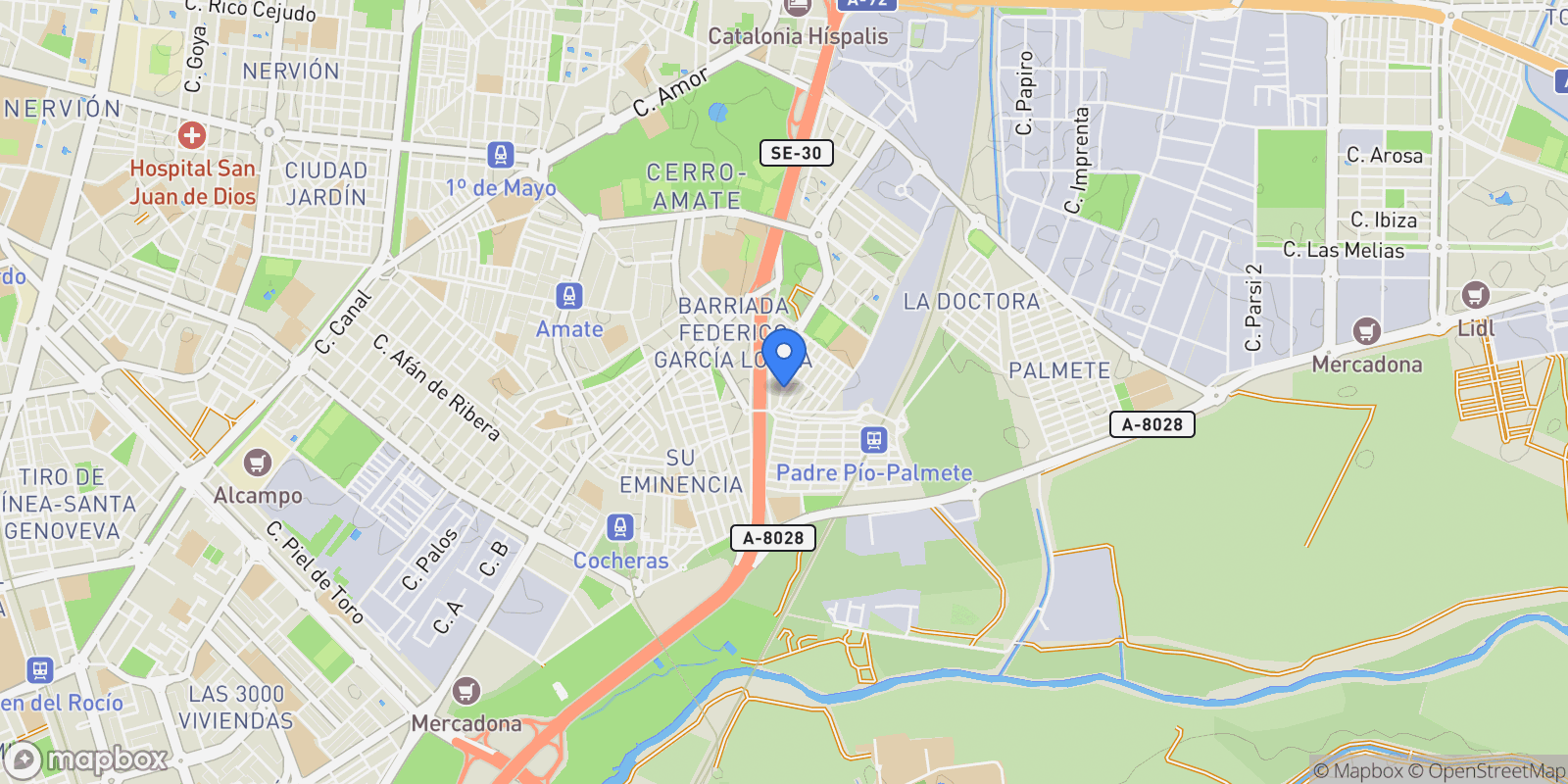 Map showing Calle las Cabezas de San Juan, Seville, Spain, Distrito Cerro-Amate, Seville, Spain.