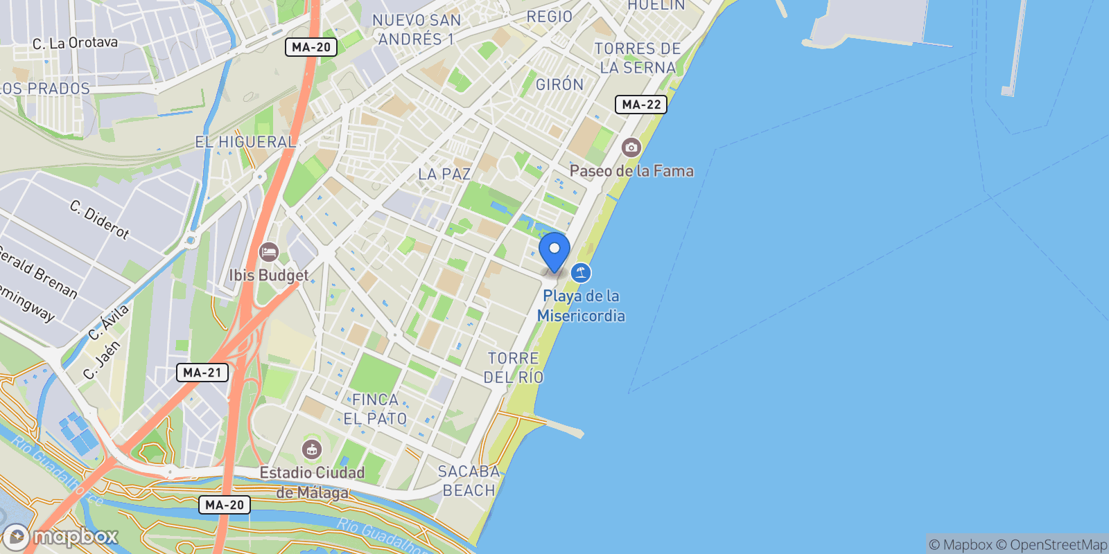 Map showing Calle Pacífico, Málaga, Spain, Carretera de Cadiz, Malaga, Spain.