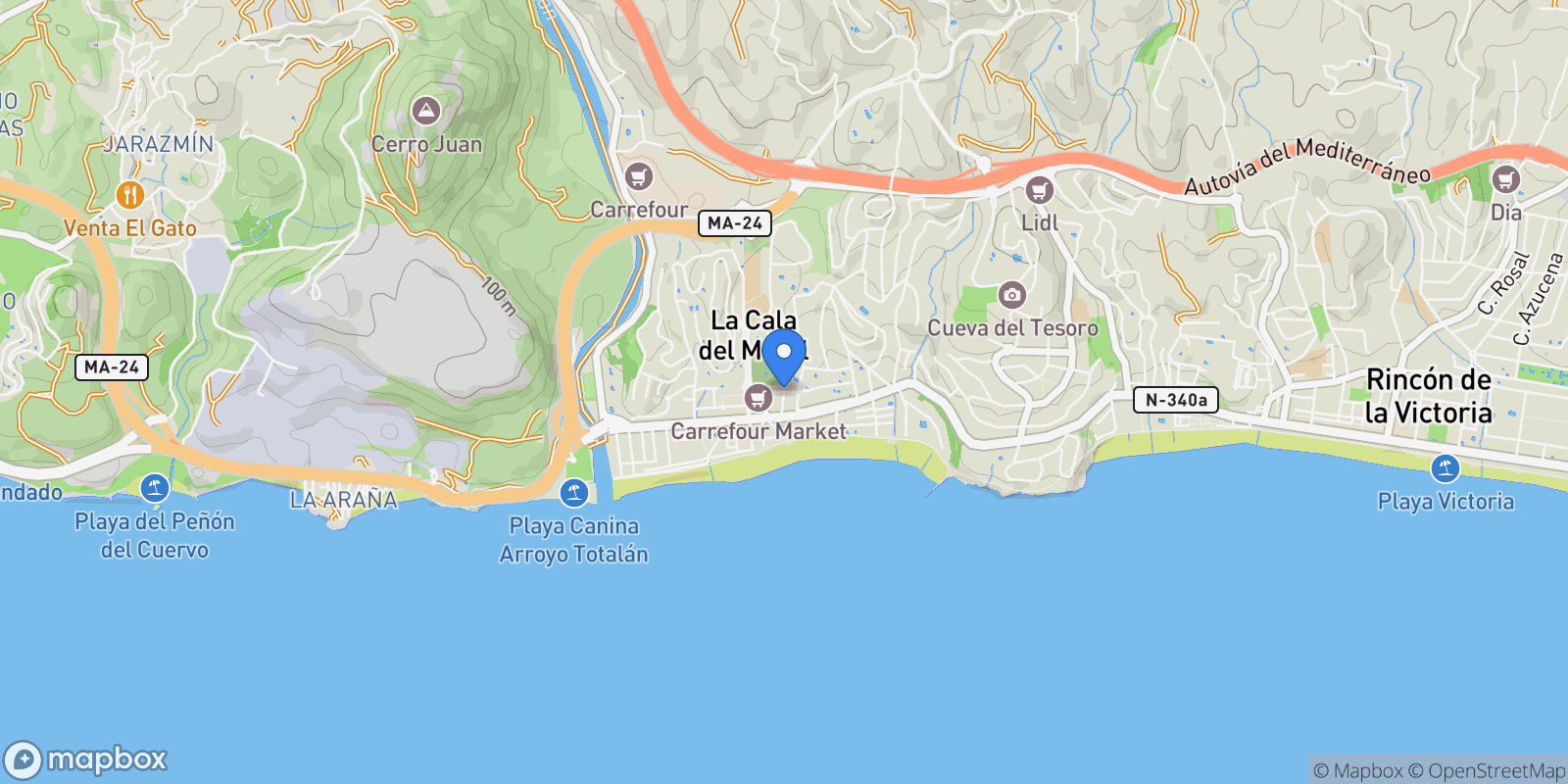 Map showing Carril de Mérida, La Cala del Moral, Spain, Rincon de la Victoria, Andalusia, Spain.