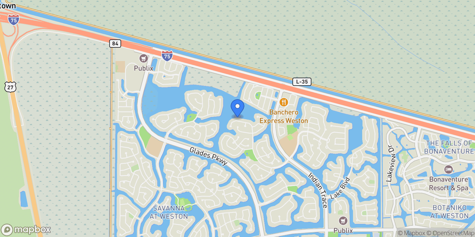 Map showing 1206 Falls Blvd, Weston, Florida, United States.