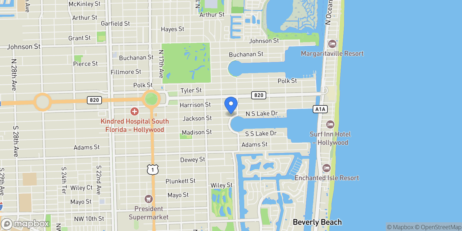 Map showing 1223 Jackson St, Hollywood, Florida, United States.