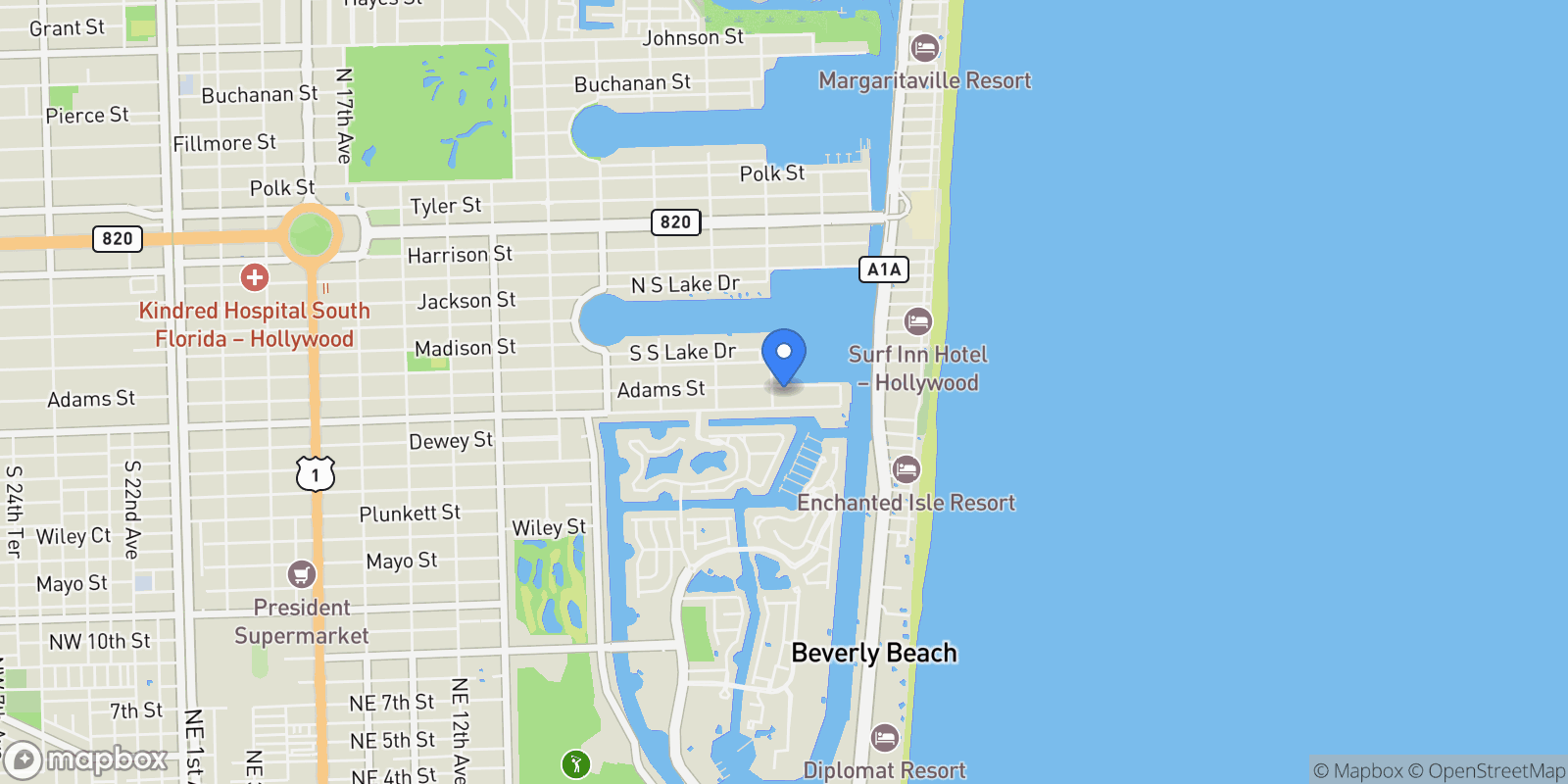 Map showing 840 S Southlake Dr, Hollywood, Florida, United States.