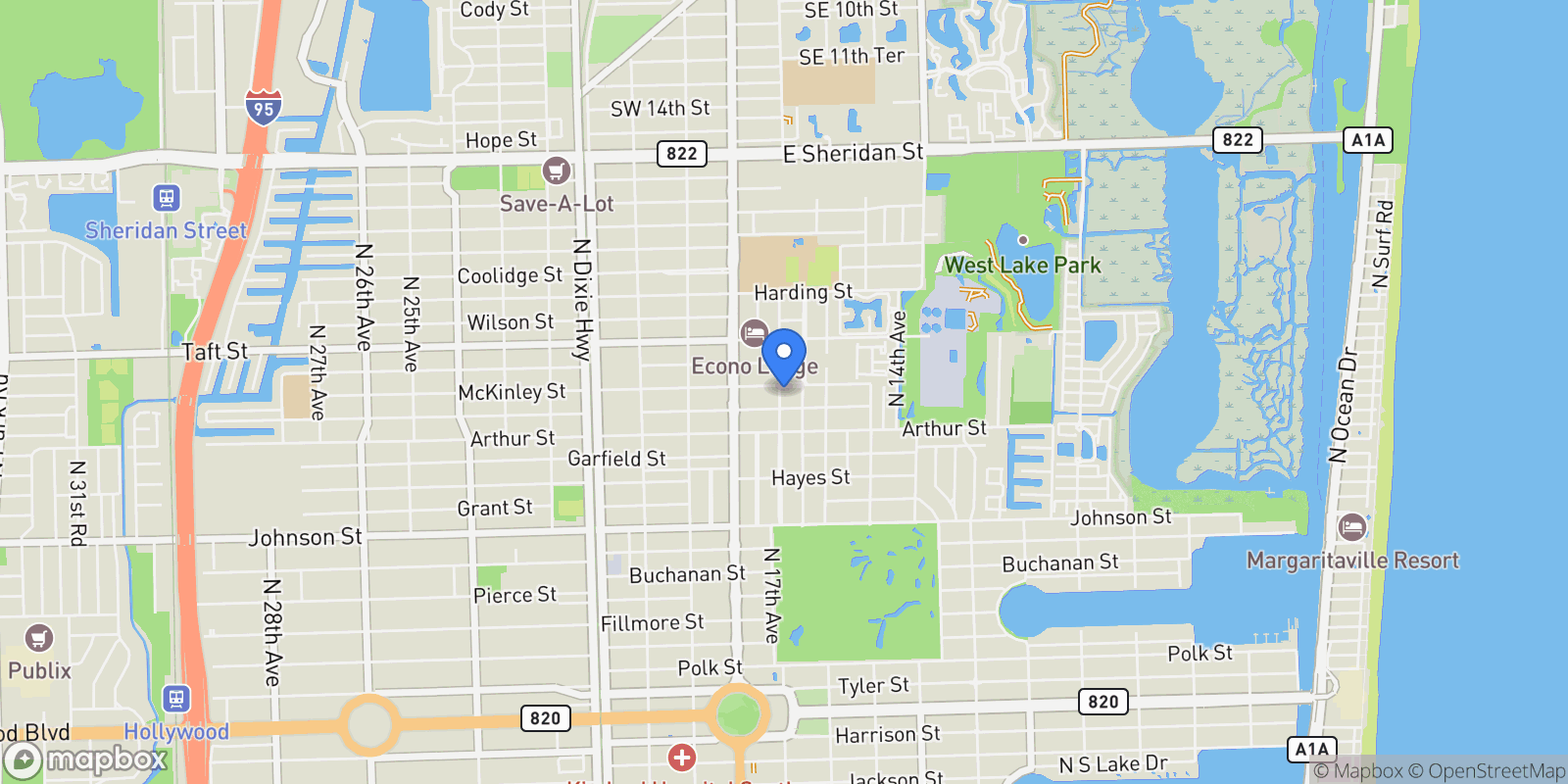 Map showing 1640 Mckinley St, Hollywood, Florida, United States.