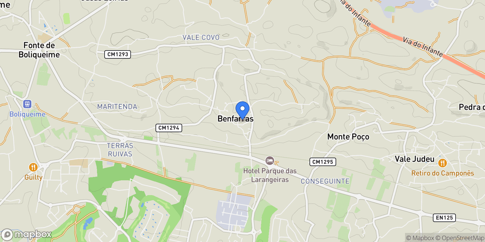 Map showing Benfarras, Algarve, Boliqueime, Algarve, Portugal.