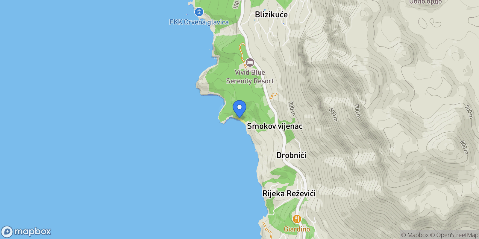 Map showing Drobni Pijesak, Budva, Drobnići, Budva Municipality, Montenegro.