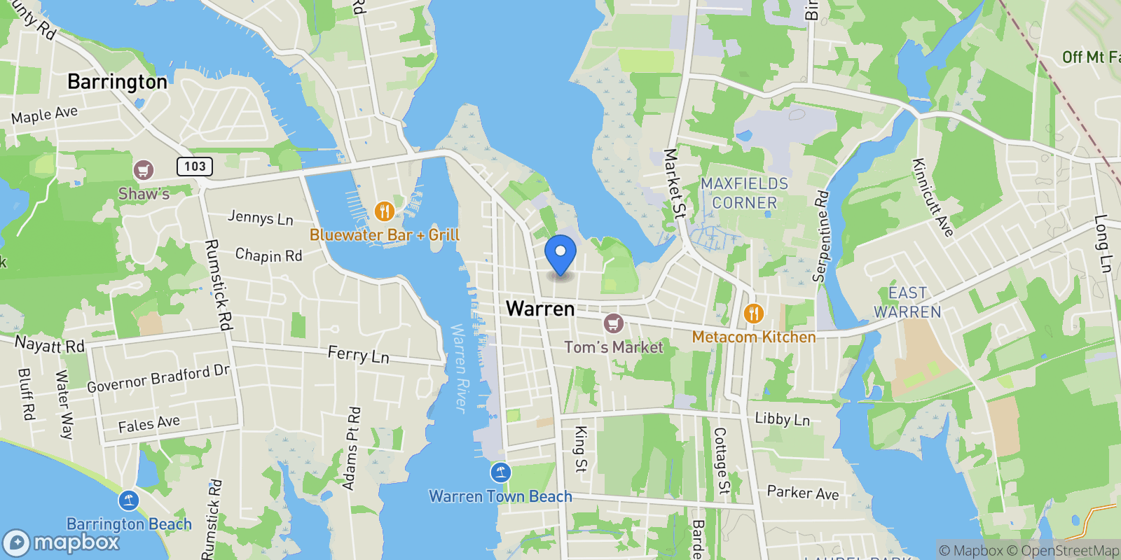 Map showing 27 Barney Street, Warren, Rhode Island, United States.