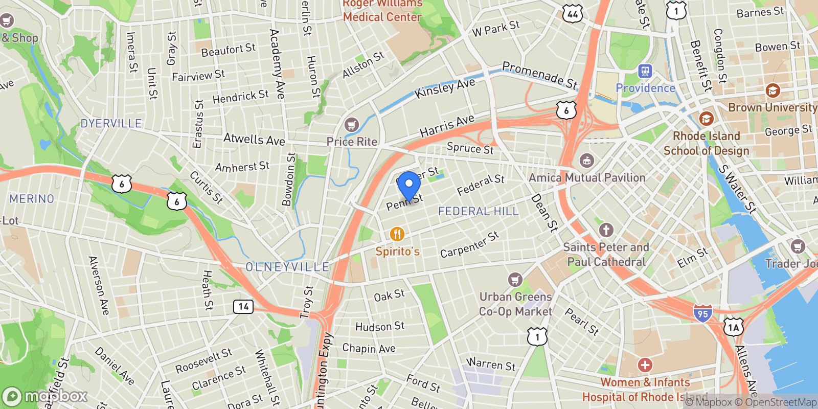 Map showing 102 Penn Street, Providence, Rhode Island, United States.