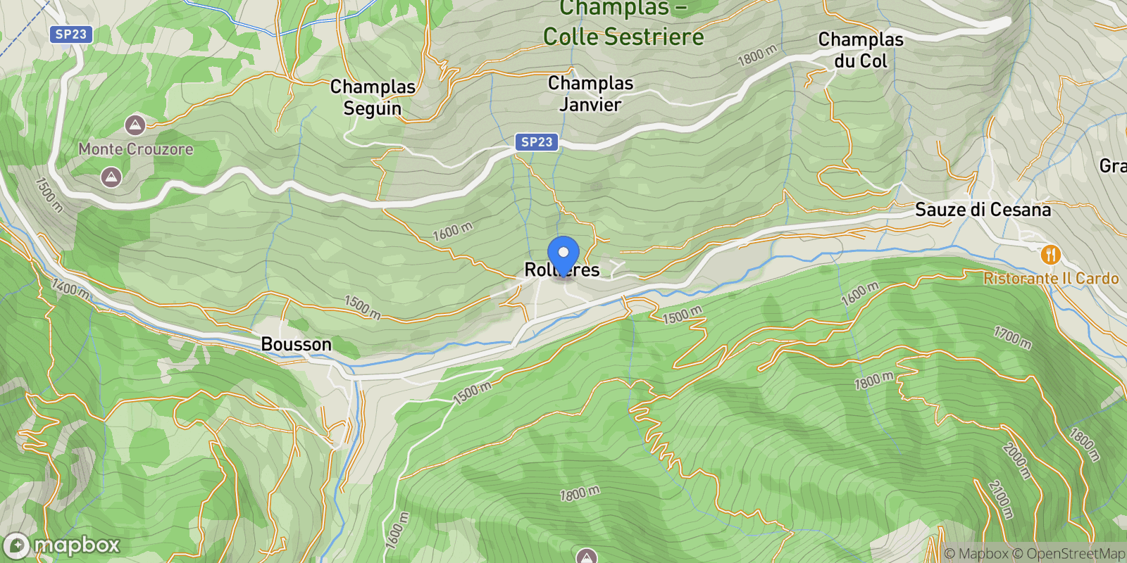 Map showing Sauze di Cesana strada del Forno, Rollieres, Piedmont, Italy.
