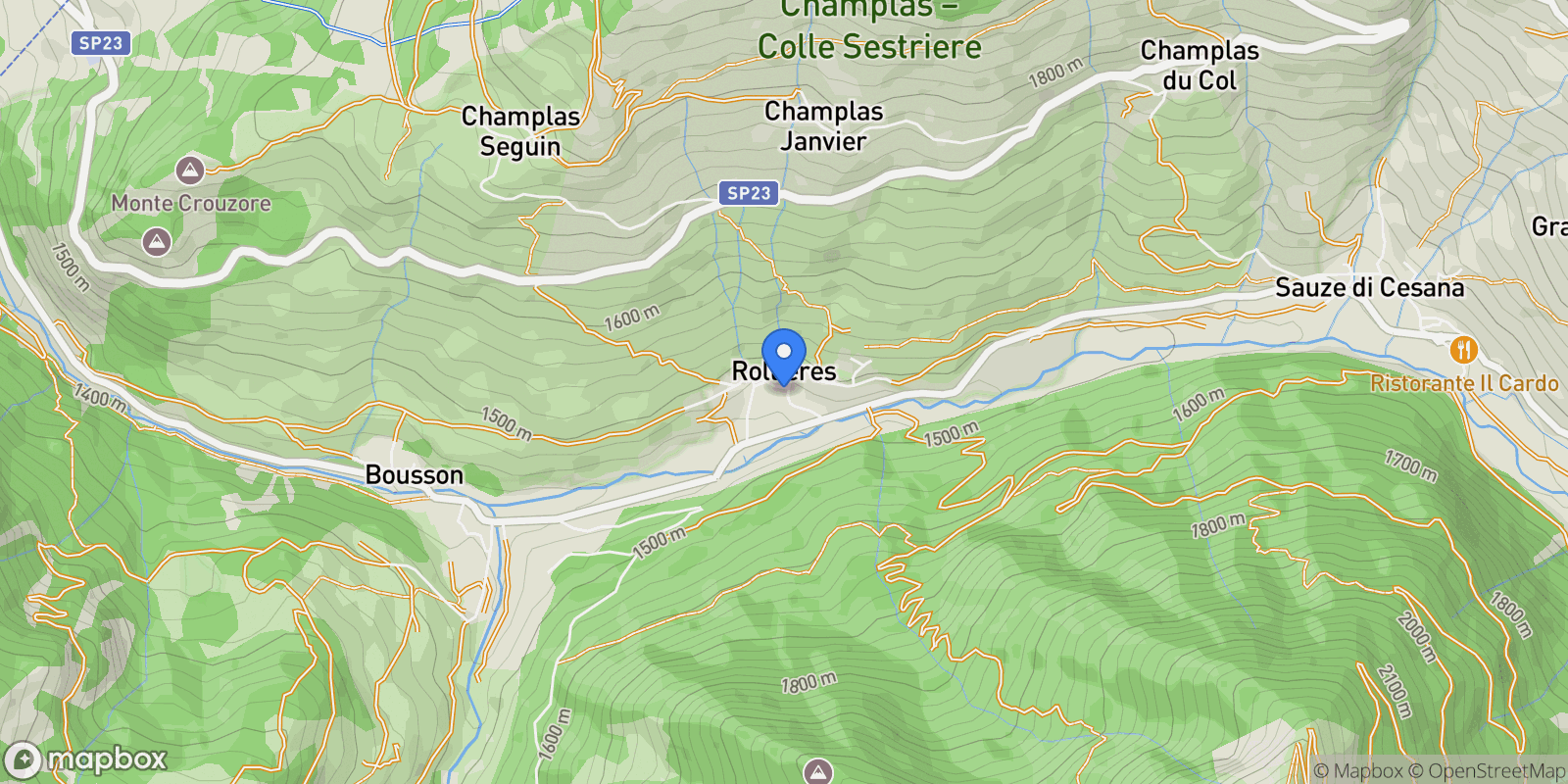 Map showing Sauze di Cesana strada del forno, Rollieres, Piedmont, Italy.
