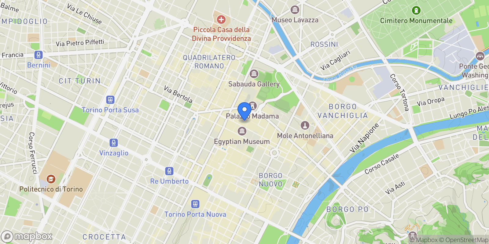 Map showing Piazza Carignano, Turin, Piedmont, Italy.