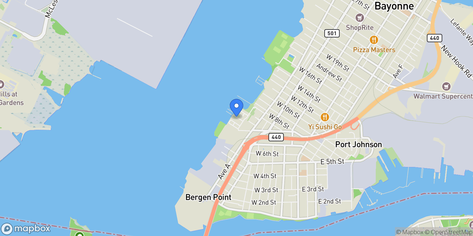 Map showing 32 Marina Dr , Bayonne, NJ 07002, Bayonne, New Jersey, United States.