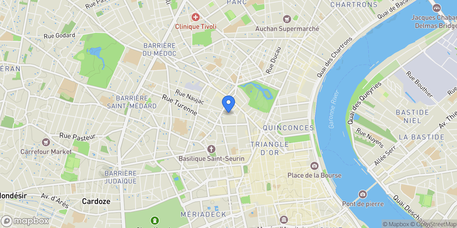 Map showing Bordeaux, Nouvelle-Aquitaine, France.