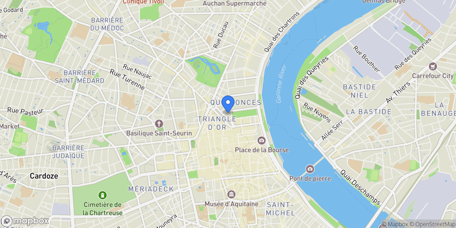 Map showing Bordeaux, Nouvelle-Aquitaine, France.