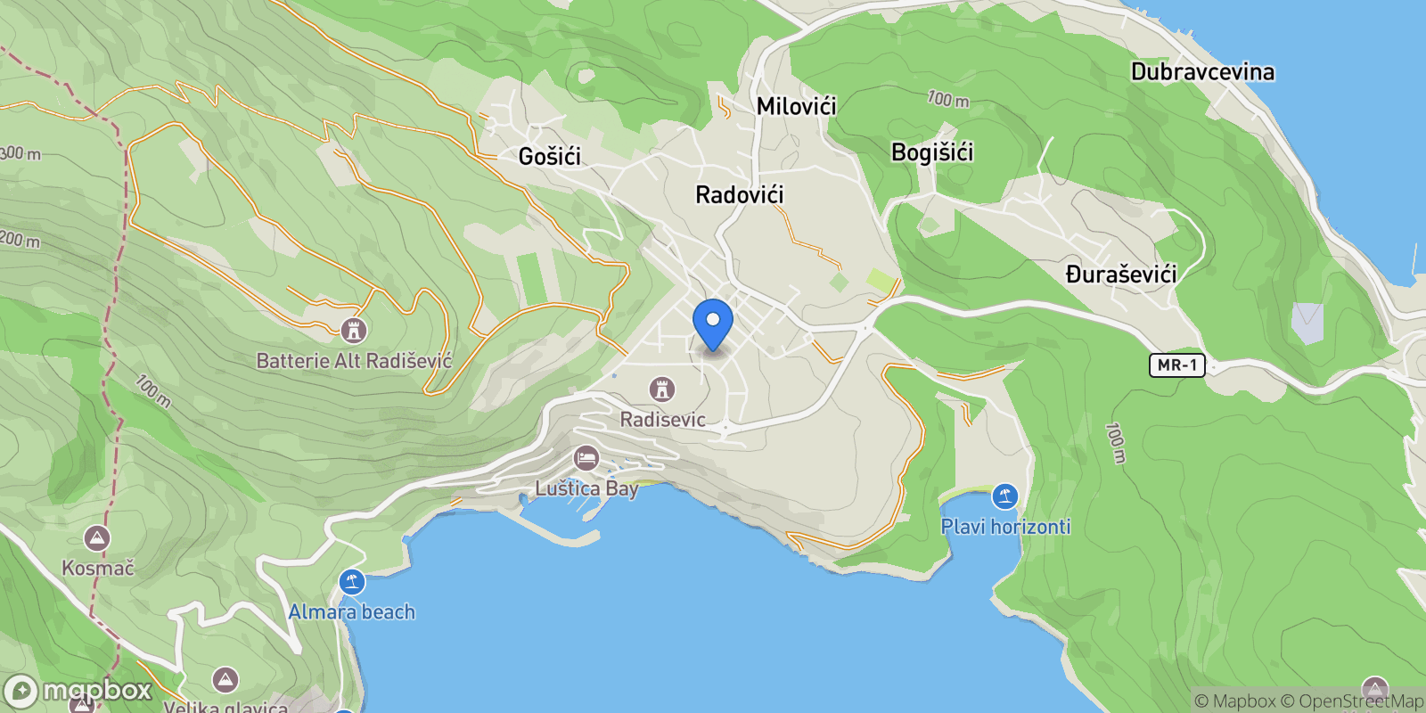 Map showing Radovići, Montenegro, Milovići, Tivat Municipality, Montenegro.
